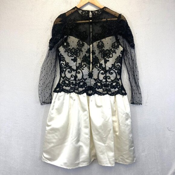 Rina diMontella Lace Satin Dress Womens Size 6 Black Ivory Knee Prom Hoco Formal - Picture 2 of 16
